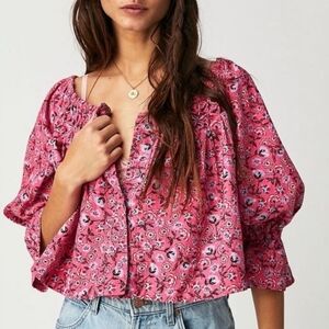 New Free People James Pink Floral Button Down Swing Smock Top Medium